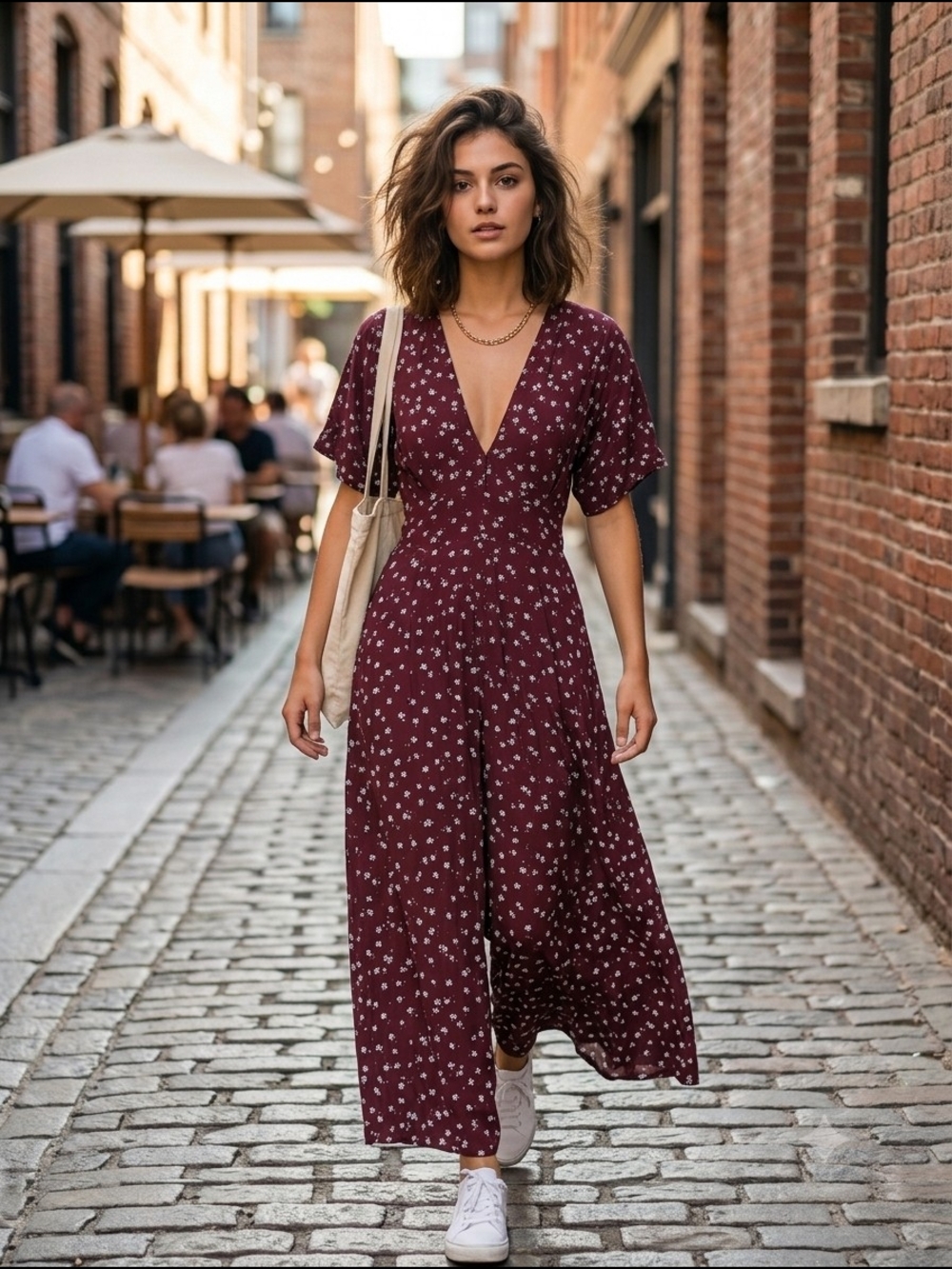 Faithfull The Brand Burgundy Floral Wide Leg Jumpsuit Women's Medium Cottagecore